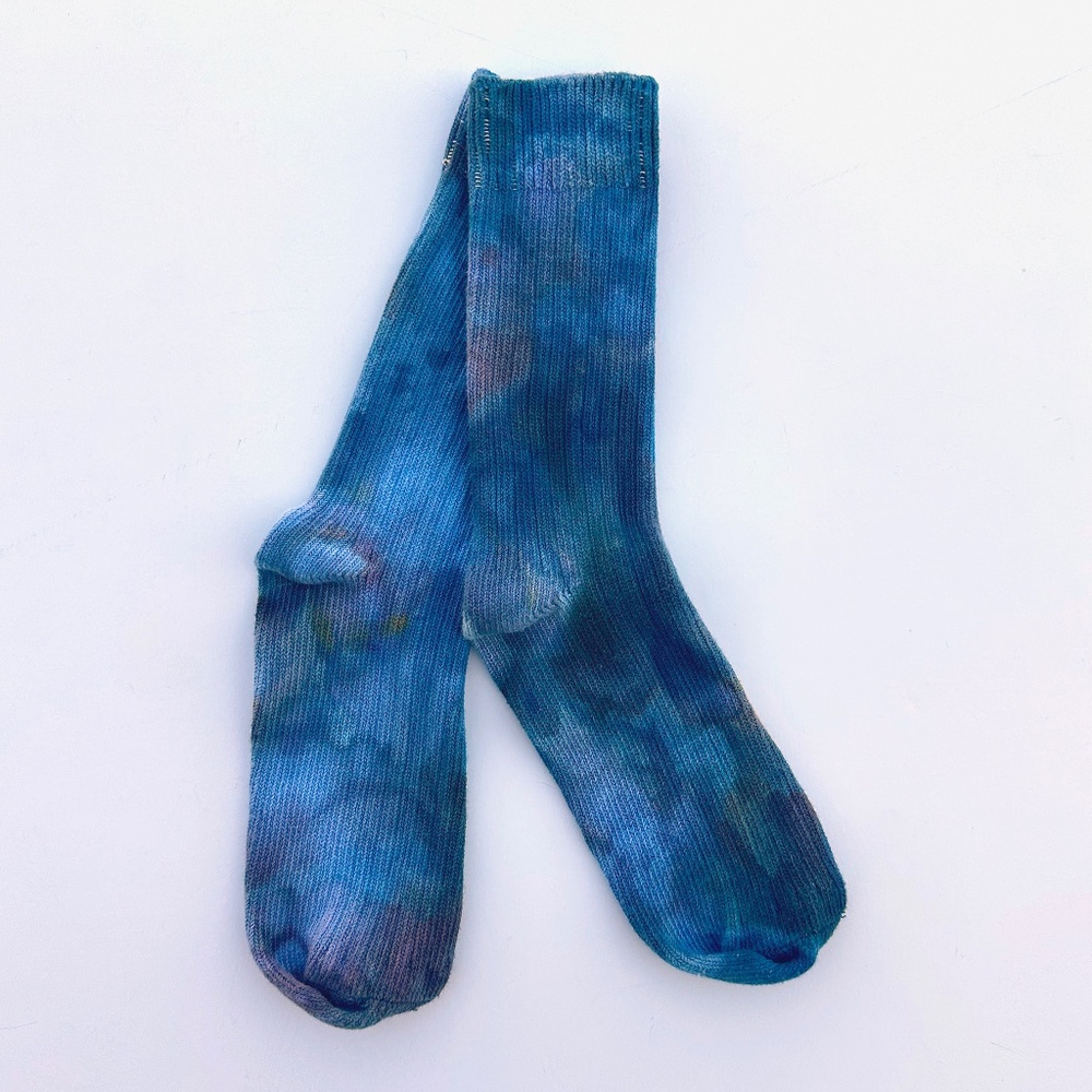 Midnight Blue Ice Dye Crew Socks, Navy Tie Dye Cotton Socks, Hand Dyed